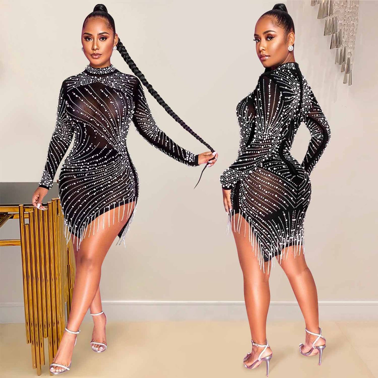 Nightclub Mesh Rhinestone Bubble Bead Tassel Dresses