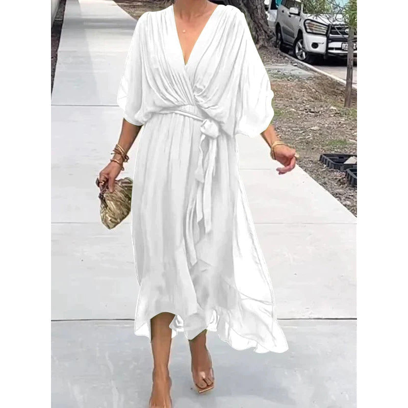 Women's Pure Color Tied Long Batwing Sleeve Dress