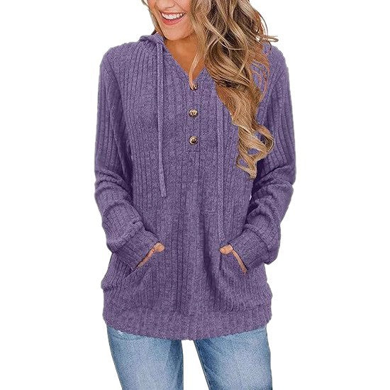 Women's Long Sleeve Hoodie Brushed Sunken Stripe Solid Color Loose Casual Sweater