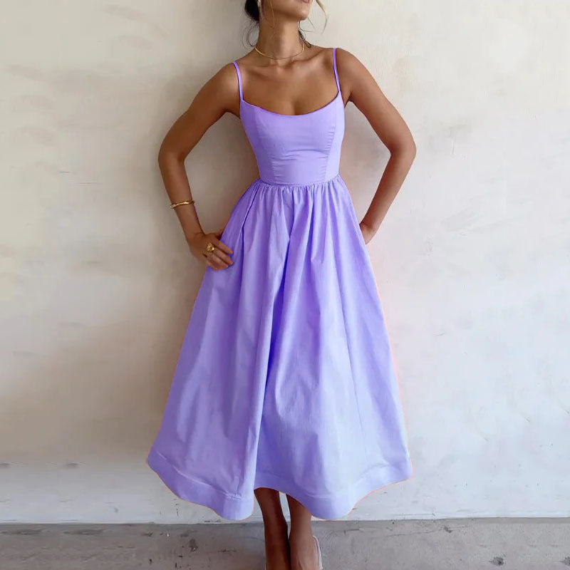 Women's Summer Solid Color Sexy Collar Fitted Waist Dress
