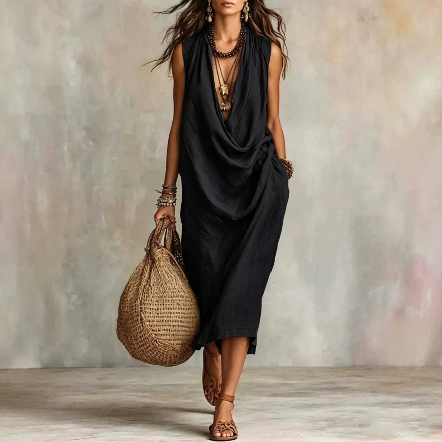 Women's Casual Sleeve Loose Swing Collar Cotton Dress