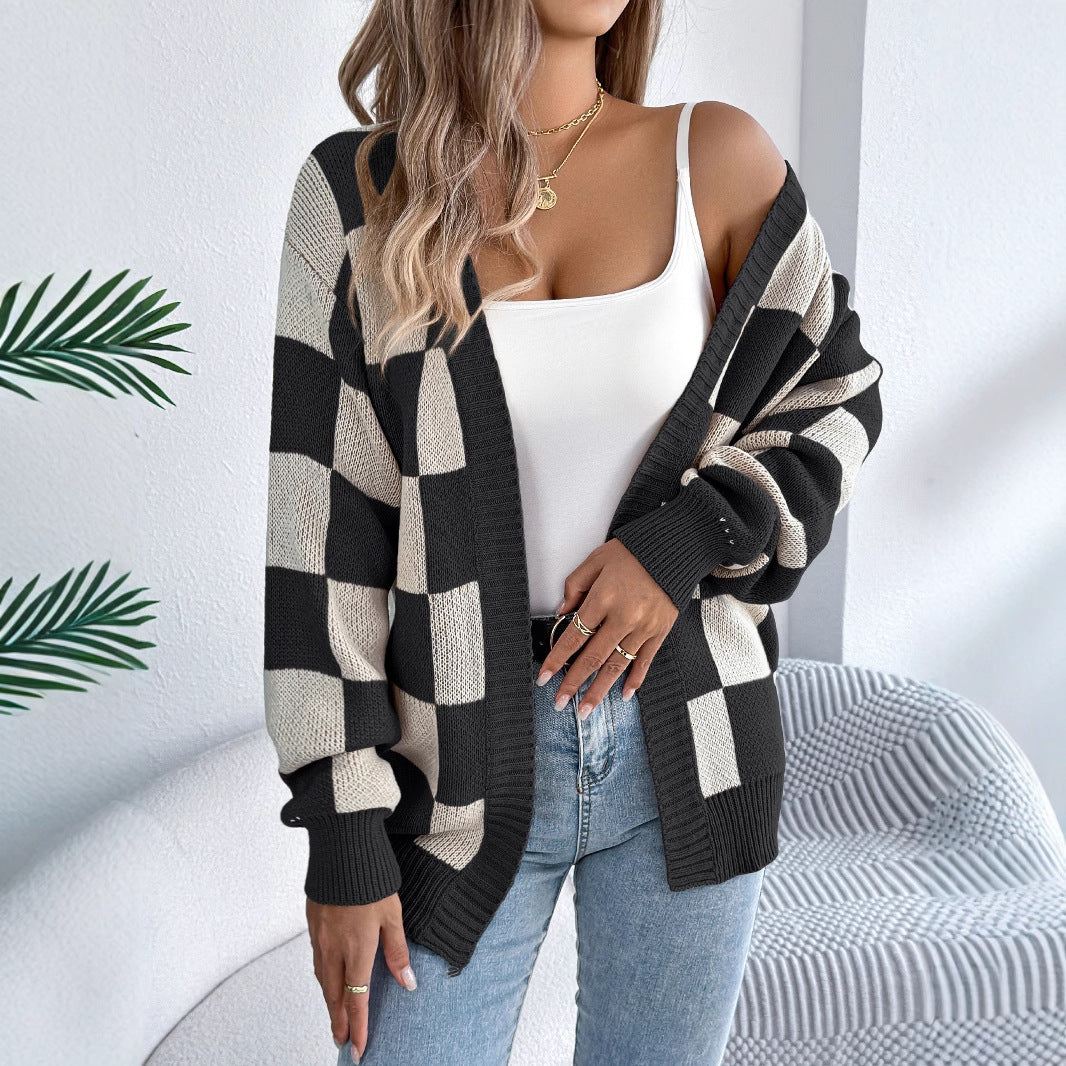 Versatile Women's Check Lantern Sleeve Mid-length Sweaters