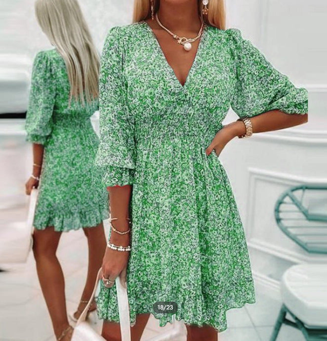 Mid-length Pullover Bohemian Printed Sleeve Floral Dress