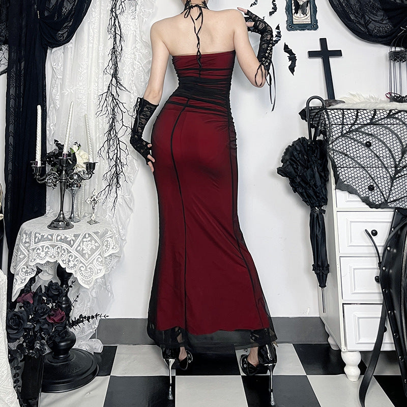 Women's Black Red Halter Mesh Dress Pure Dresses