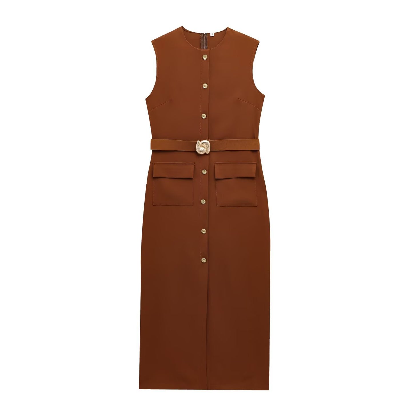 Spring With Belt Crepe Sleeveless Midi Dresses