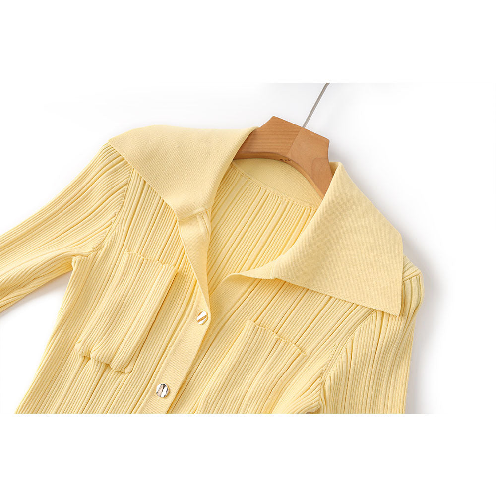 Bright Yellow Collar Long Sleeve Knitted Dresses