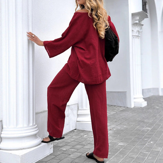 Women's Linen Casual Lace Up Loose Trousers Suits