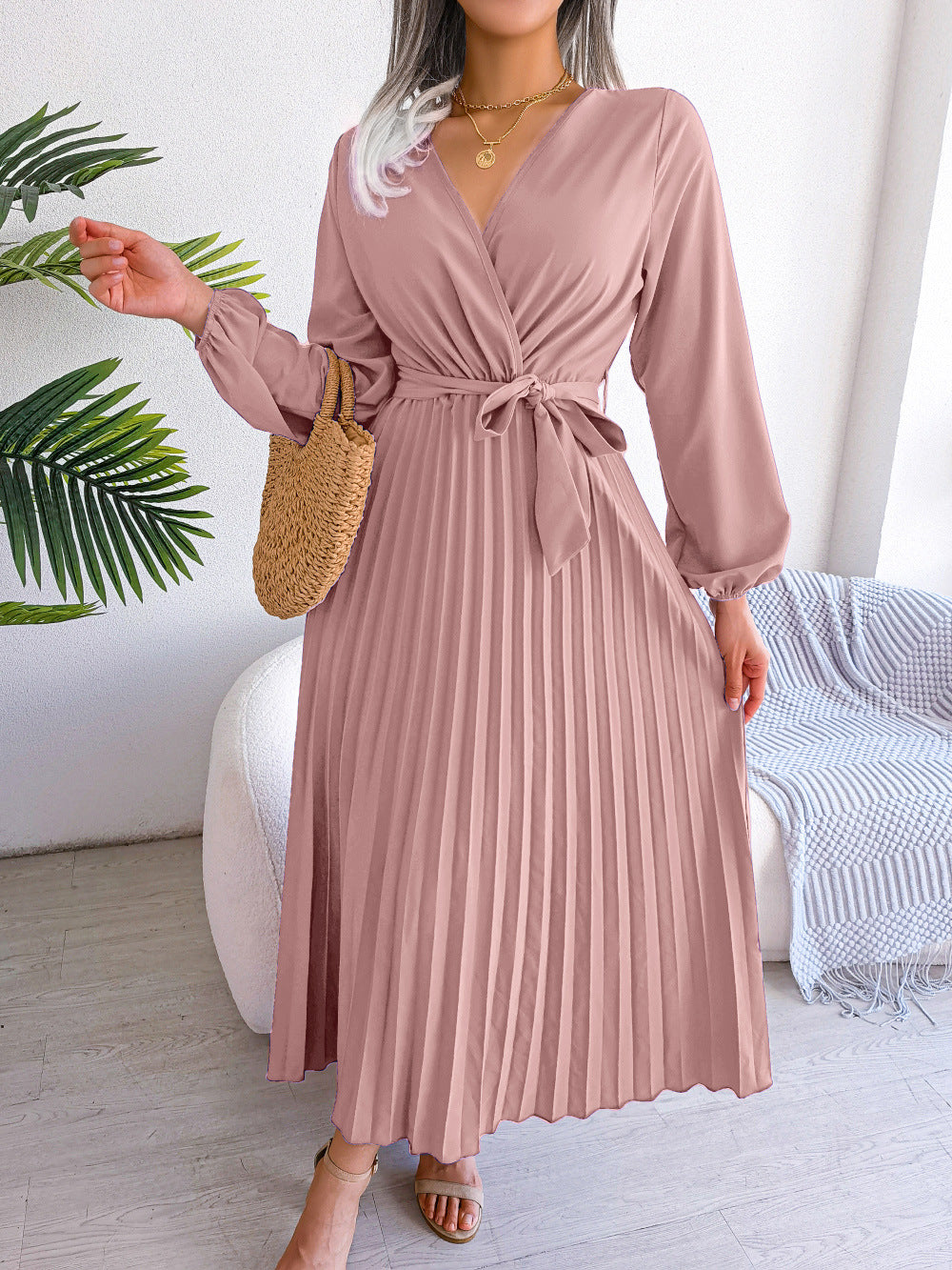 Women's Elegant Cross Swing Pleated Maxi Dress