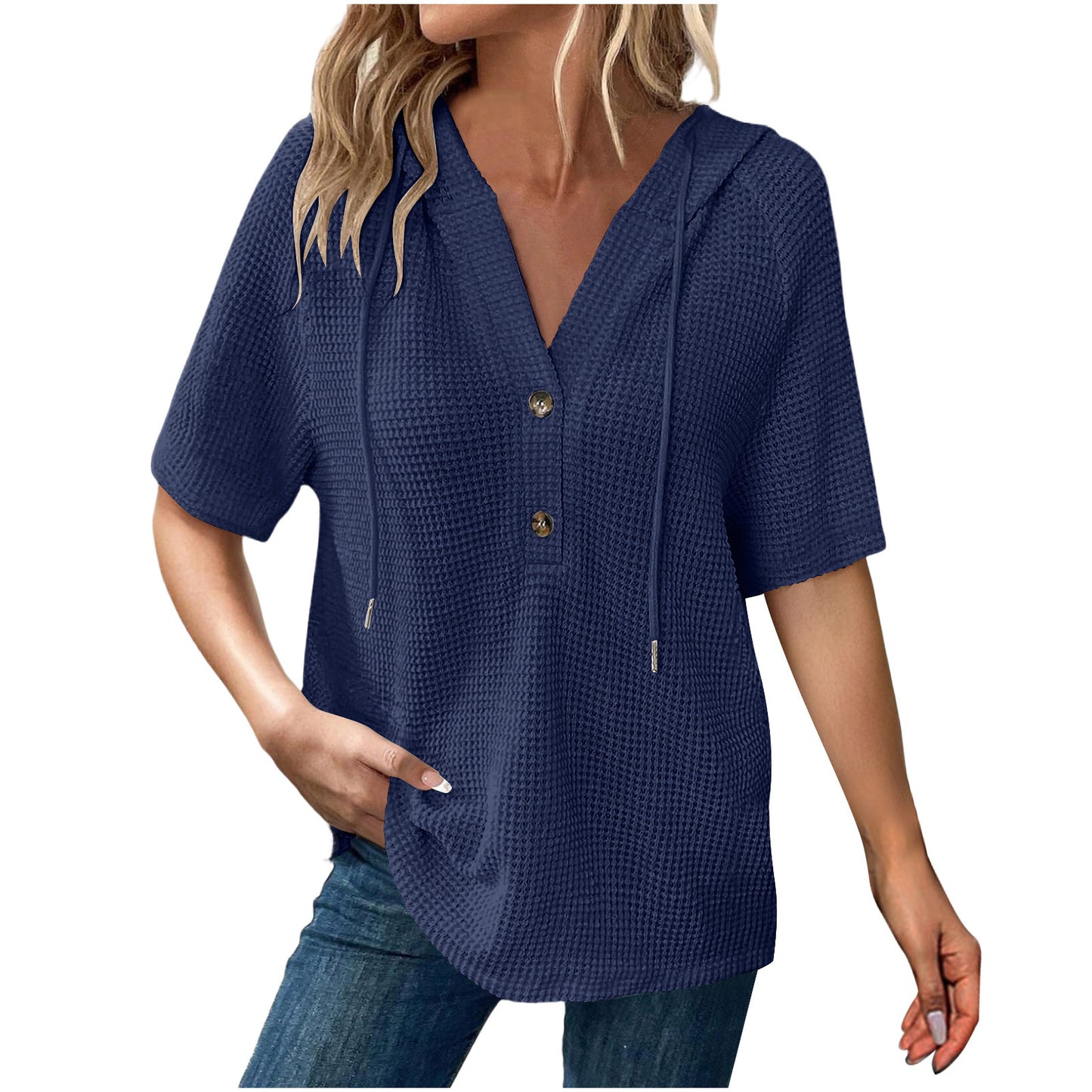 Women's Solid Color Waffle Hooded Button Loose Sleeve Shorts