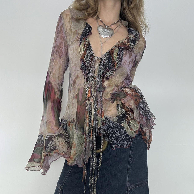 Women's Vintage Blooming Printed Mesh T-shirt Retro Blouses