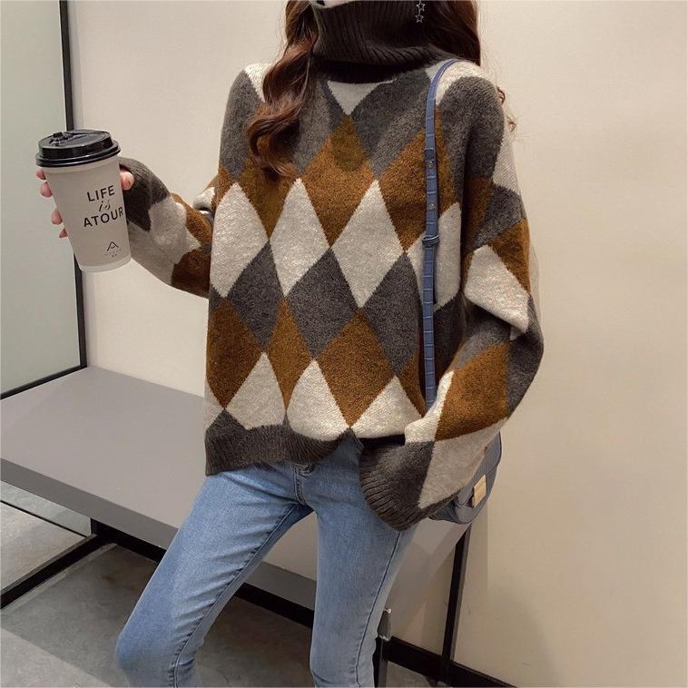 Women's Design Temperament Commute High Collar Loose Versatile Contrast Color Rhombus Sweater