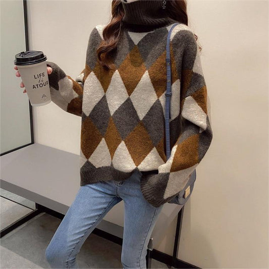 Women's Design Temperament Commute High Collar Loose Versatile Contrast Color Rhombus Sweater