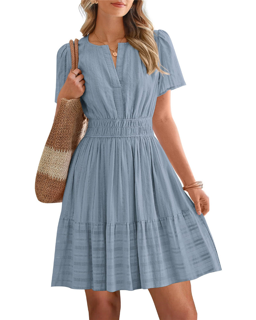 Women's Collar Pleating Puff Sleeve Large Swing Dress