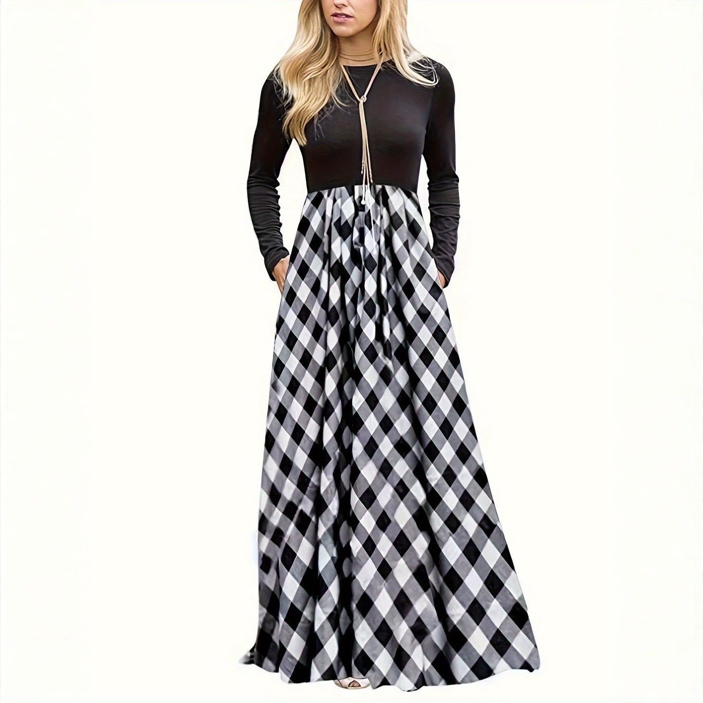 Women's Neck Stitching Contrast Color Check Fashion Casual Swing Dress