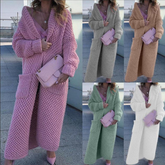 Women's Winter Lapel Knitted Solid Color Long Sweaters
