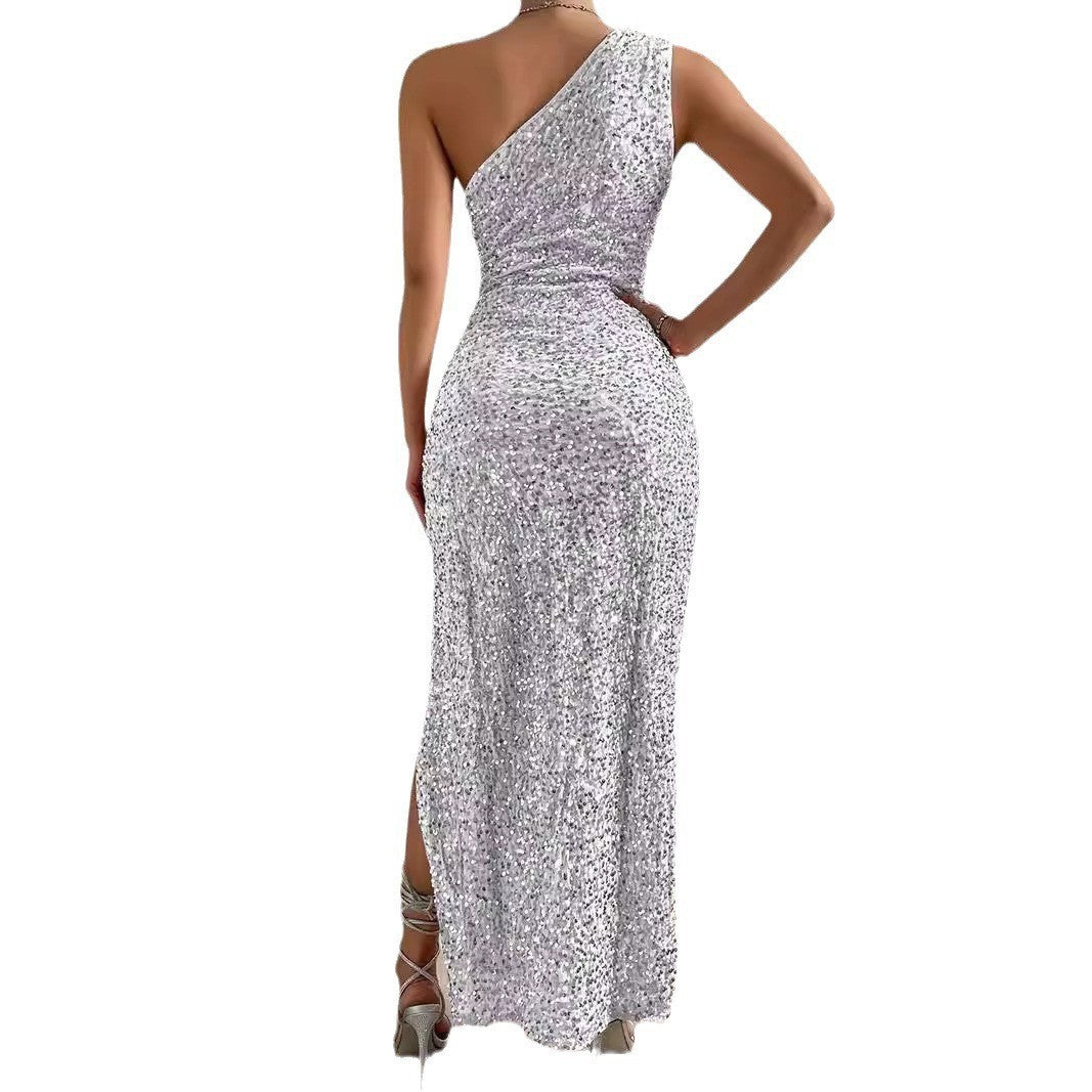 Women's Fashion Sexy Sequined Sleeveless Split Solid Dresses