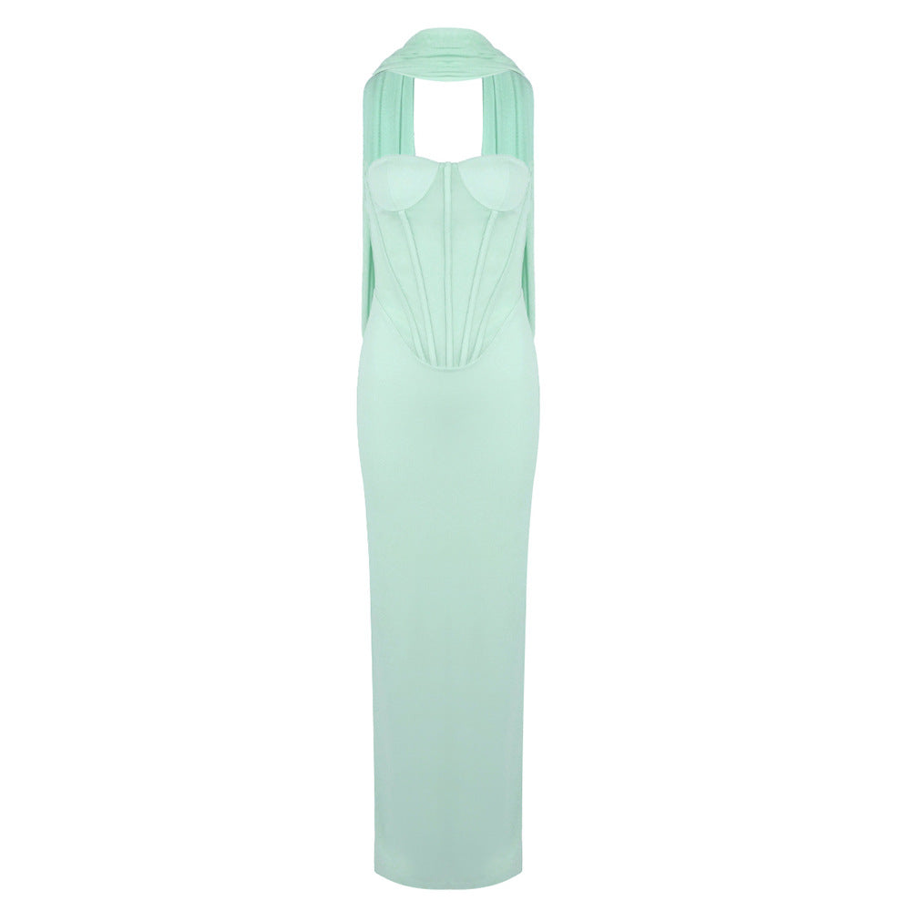 Women's Green Halter Tulle Ribbon Dress Slimming Dresses