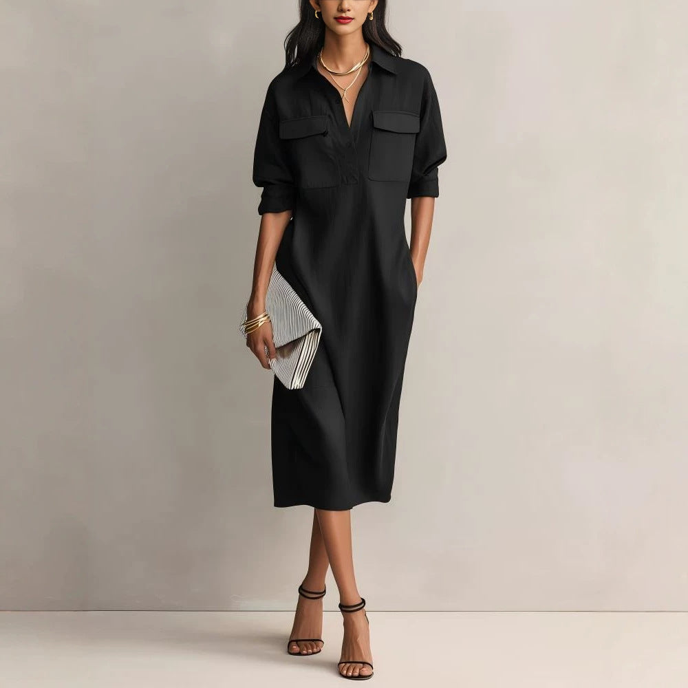 Lapel Long Sleeve Commuter Black Casual Dress