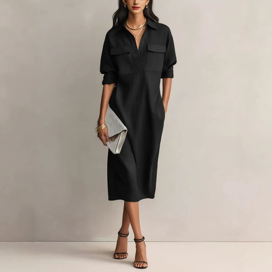 Lapel Long Sleeve Commuter Black Casual Dress