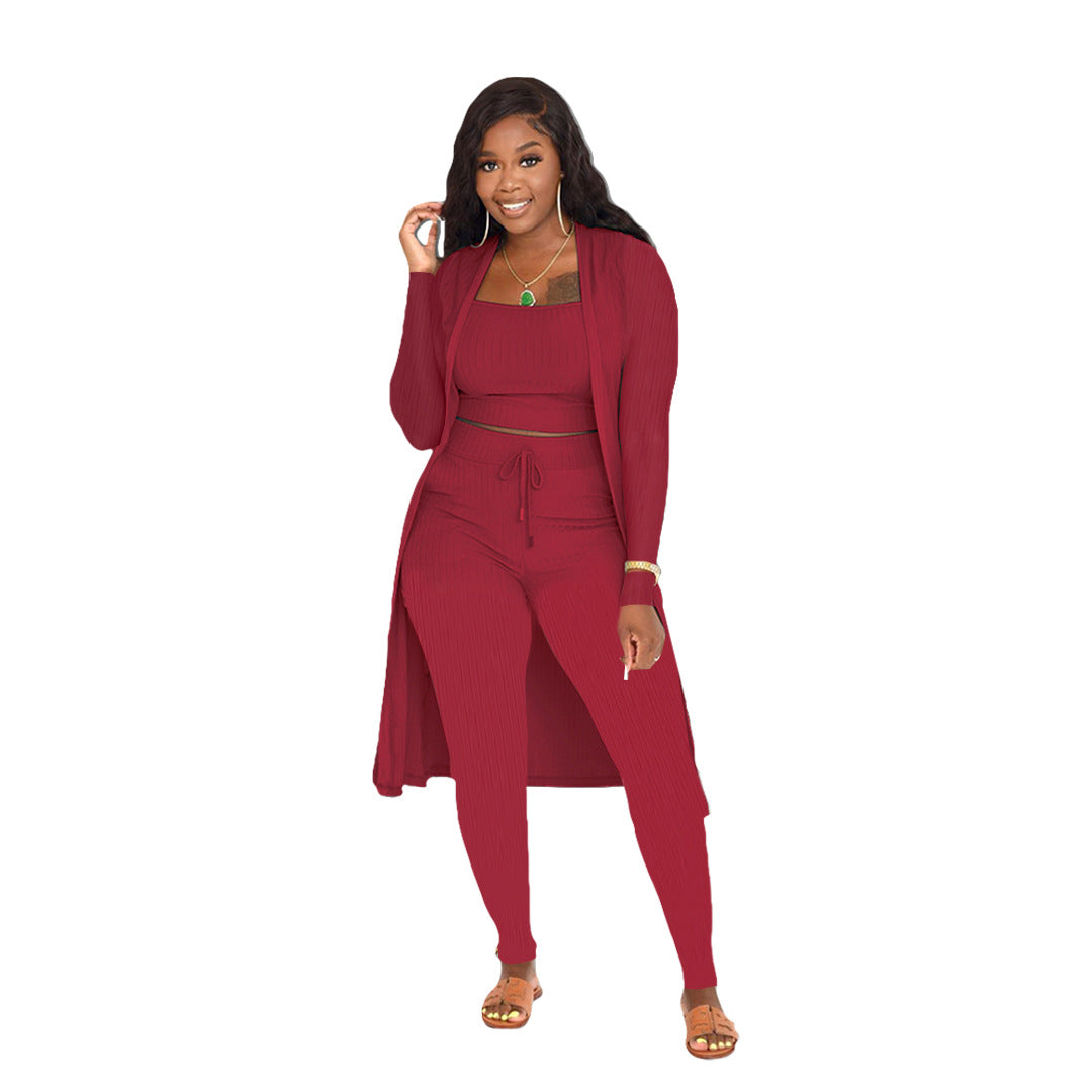 Women's Sunken Stripe Solid Color Three-piece Clothing