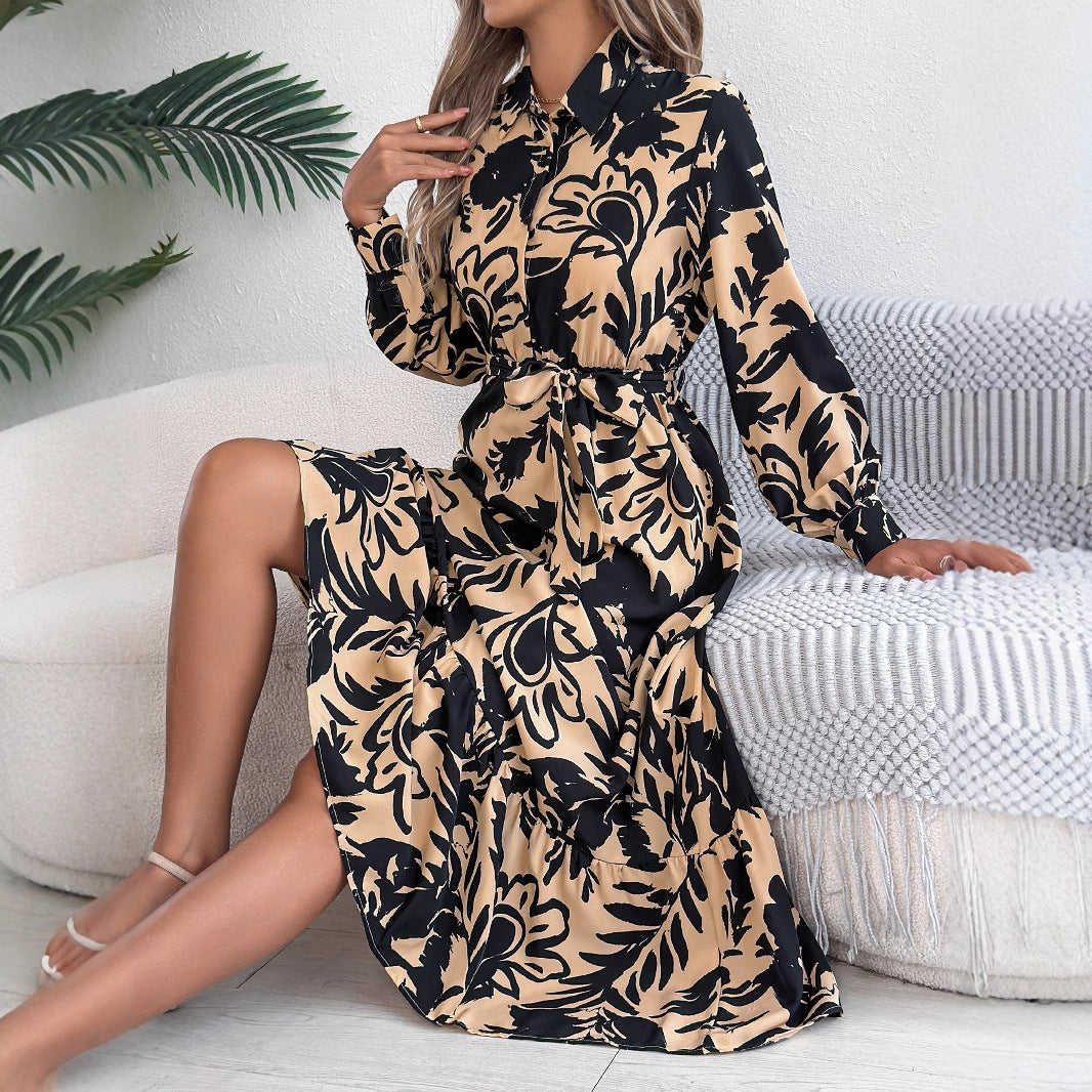Women's Casual Flower Long Sleeve Shirt Ruffled Dress
