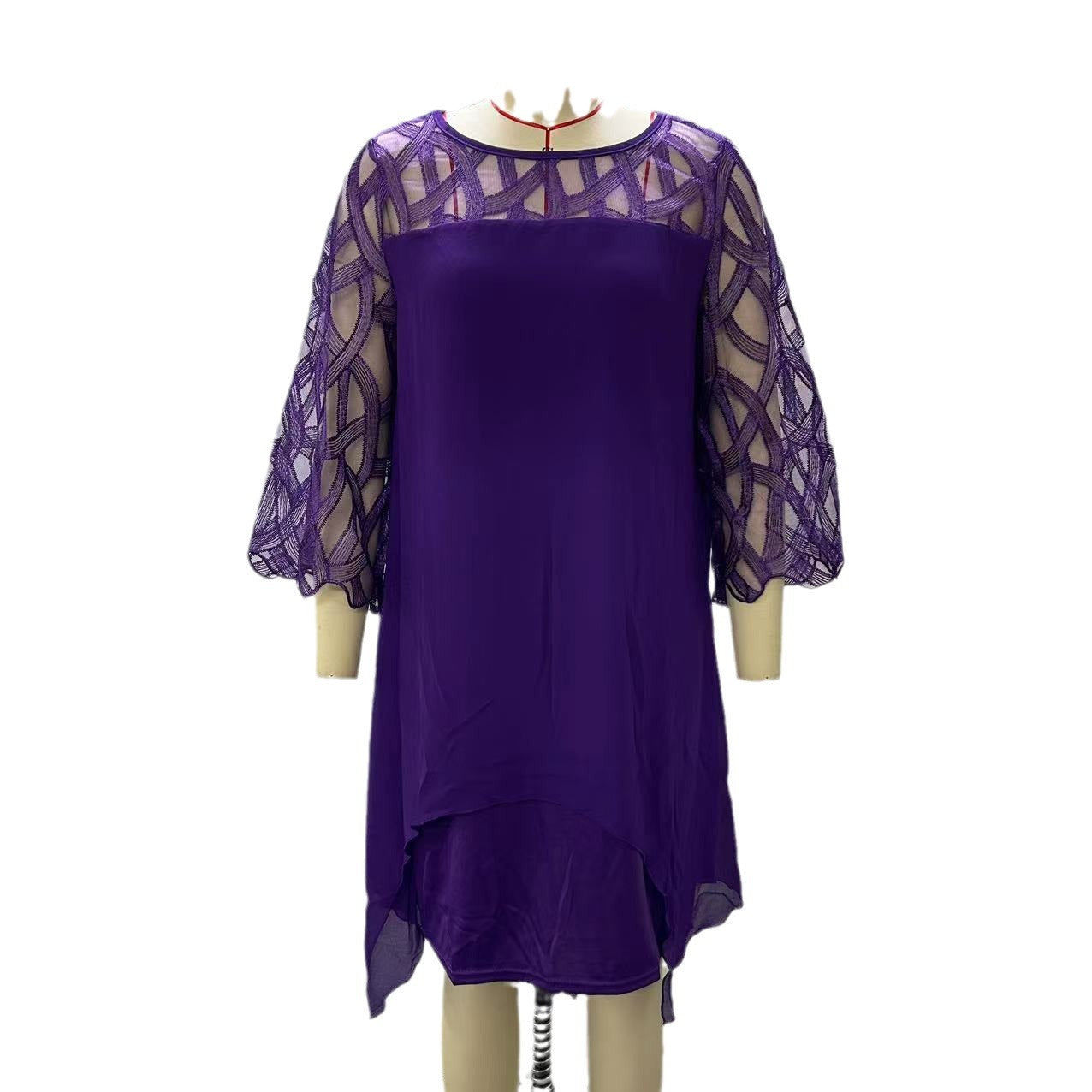 Lace Stitching Sleeve Irregular Hem Chiffon Dress