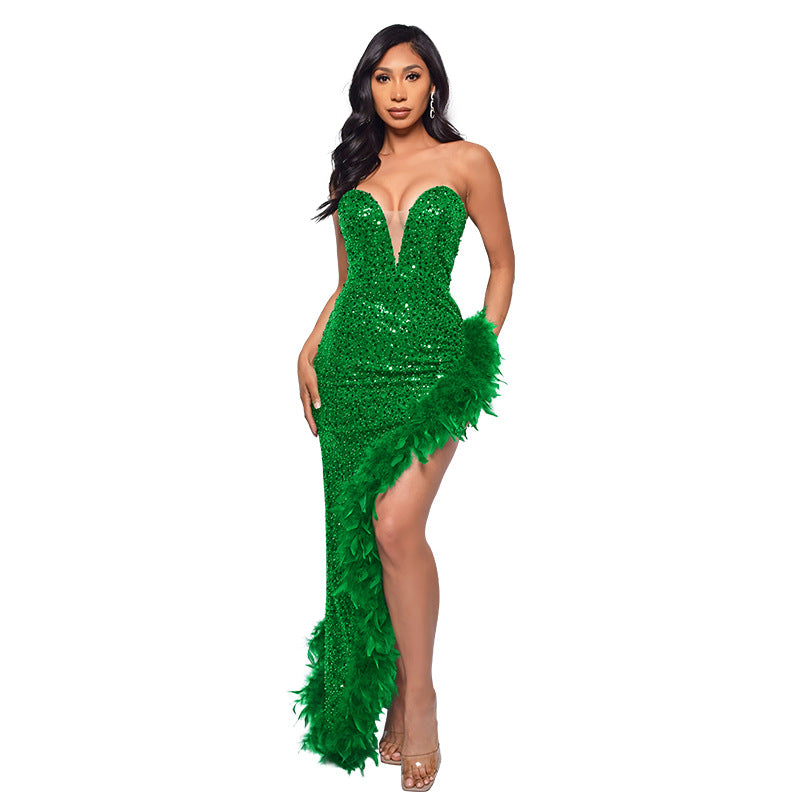 Women's Tube Sequined Feather Dress French Dresses