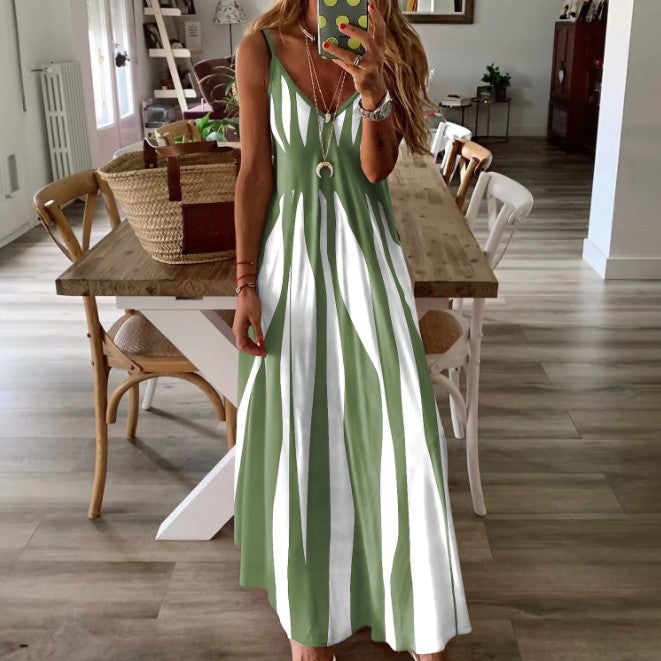 Women's Summer Fashion Striped Loose Sling Printing Dress