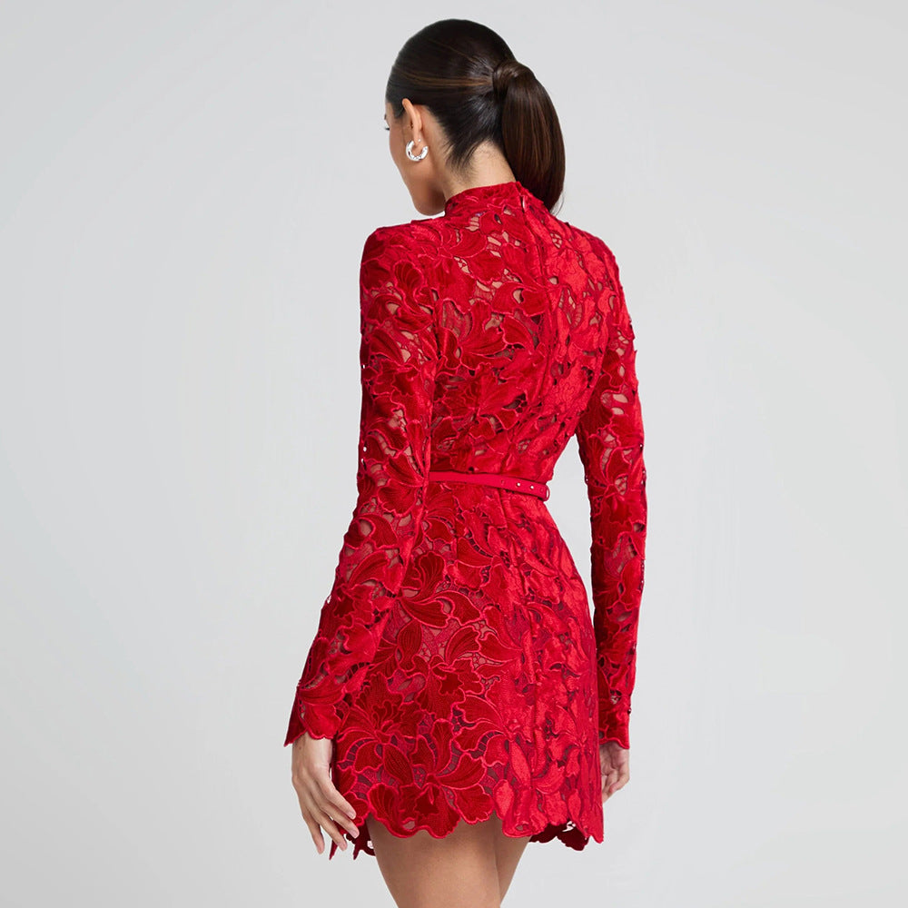 Women's Sleeve Zipper Lace Dress Red Christmas Dresses