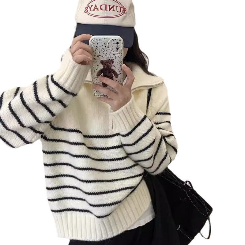 Women's Striped Half Zipper Pullover Korean Loose Lazy Sweater
