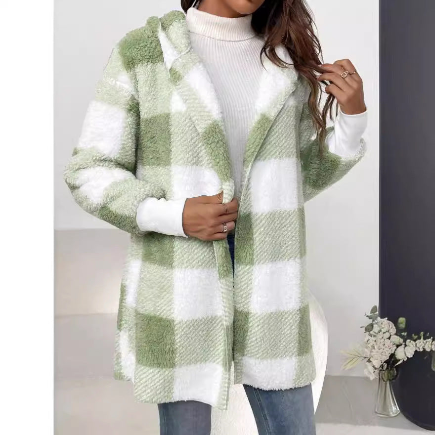 Women's Loose Plaid Color Stitching Knitted Fashion Coats