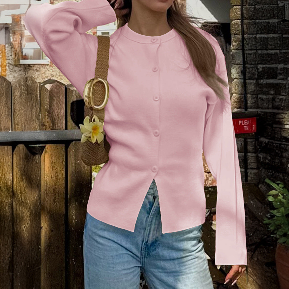 Women's Casual Solid Color Long Sleeve Button Sweater