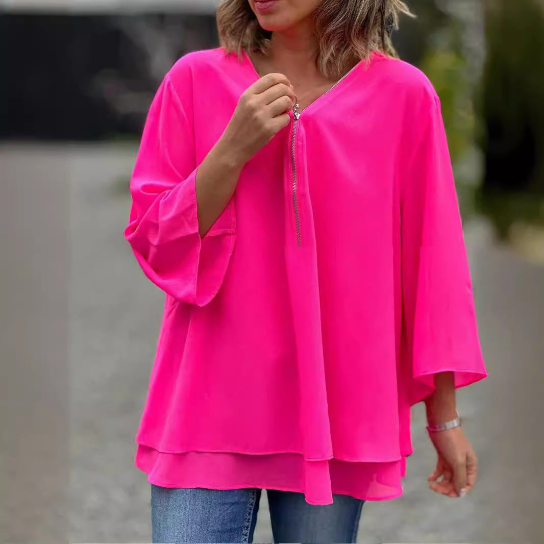 Sleeves Casual Chiffon Metal Zipper Loose Tops