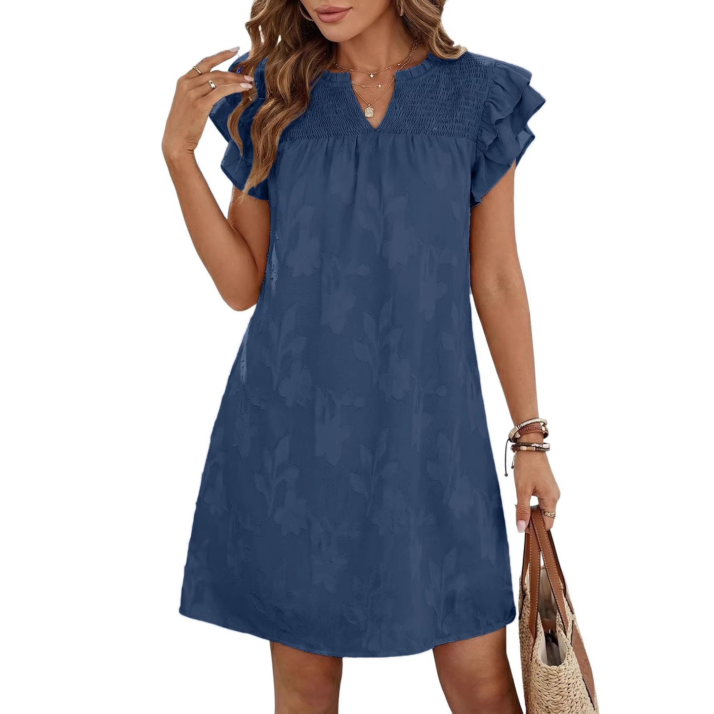Women's Summer Double Ruffled Sleeves Pleating Floral Dress