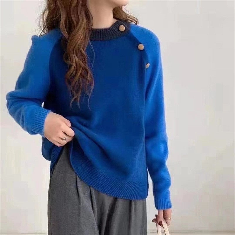 Women's Contrast Color Crew Neck Pullover Casual Irregular Diagonal Sweater
