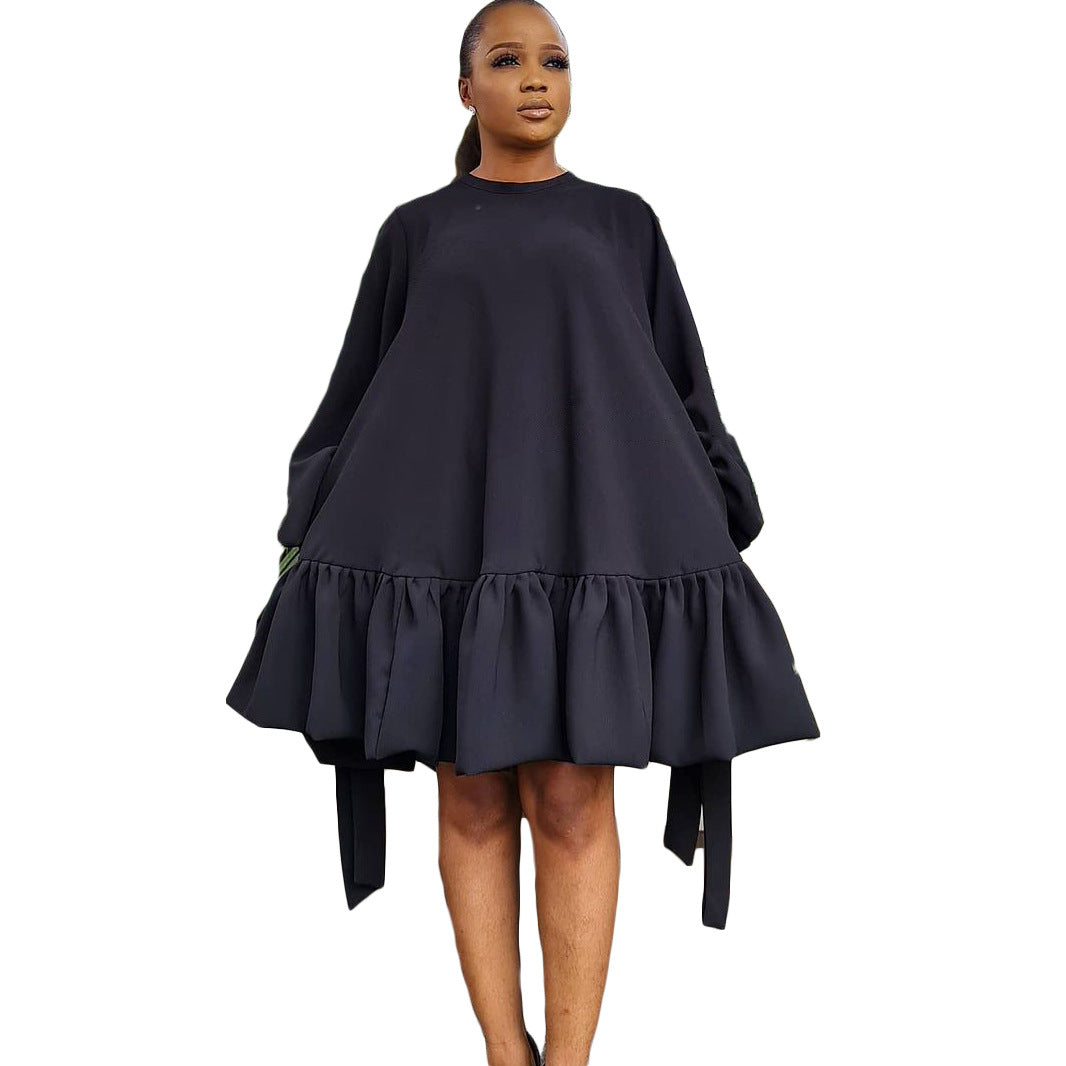 Autumn Loose Solid Color Puff Sleeve Dress