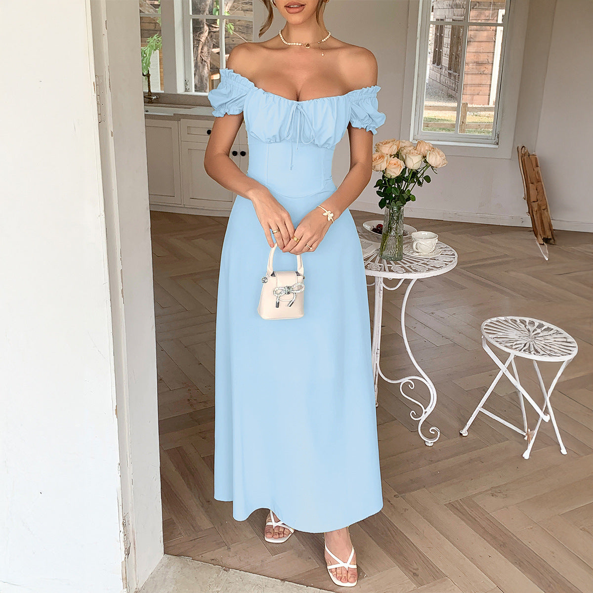 Women's Elegant Pure Color Tied Pleating Puff Sleeve Dress