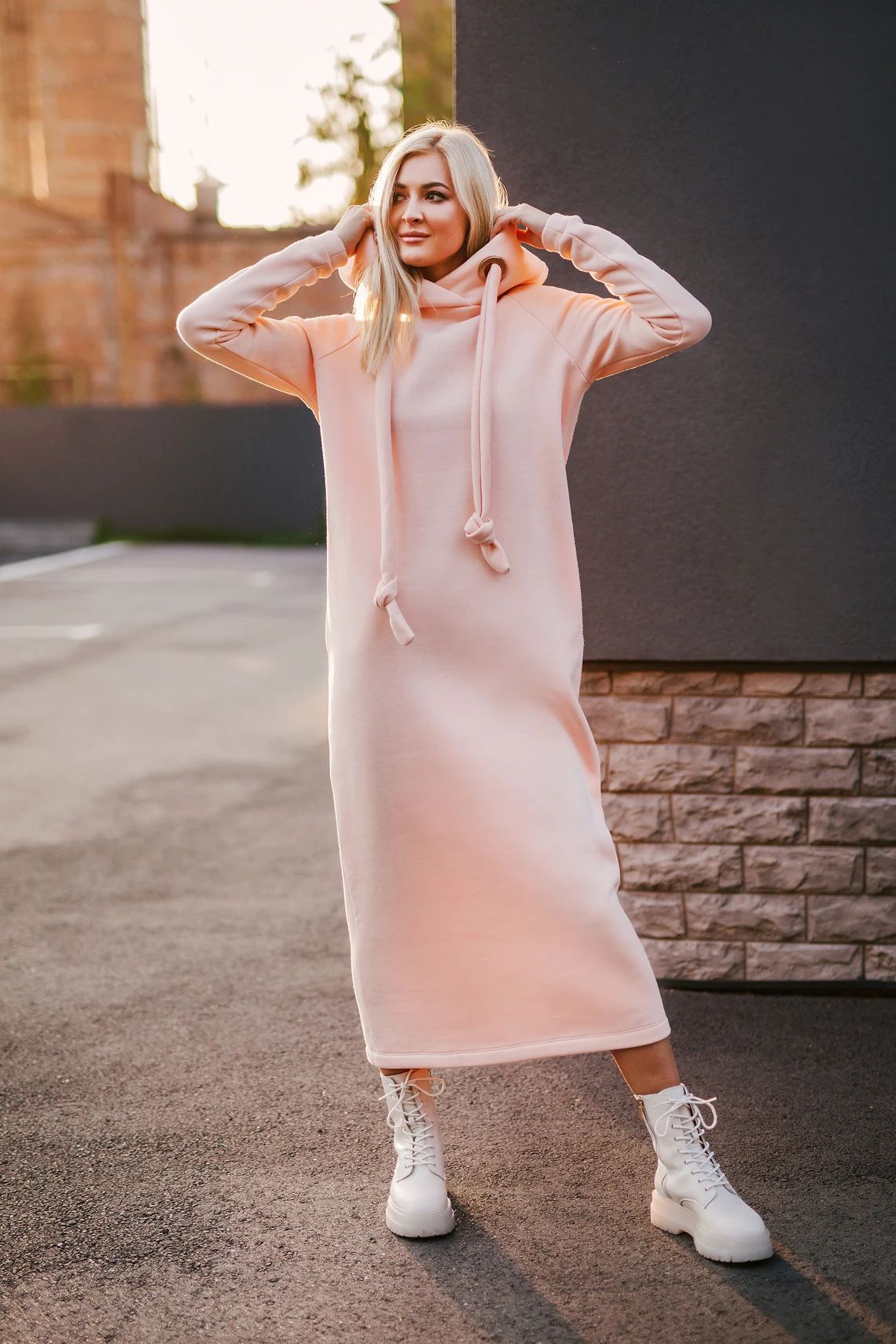 Oversized Knit Hooded Brushed Hoody Casual Fashion Stitching Dress