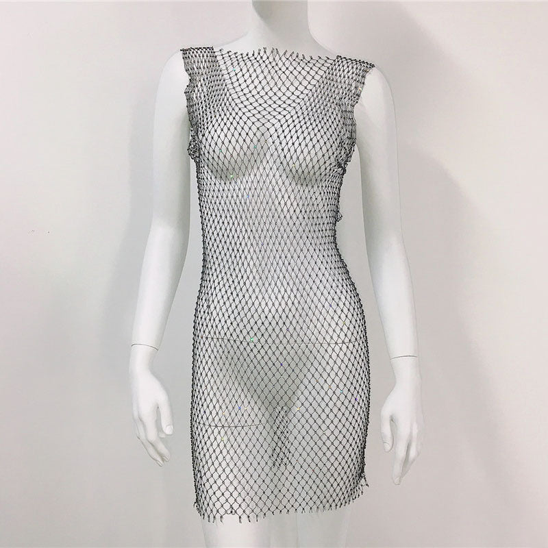 Women's Summer Fashion Diamond Round Neck Long Sleeve Fishnet Dresses