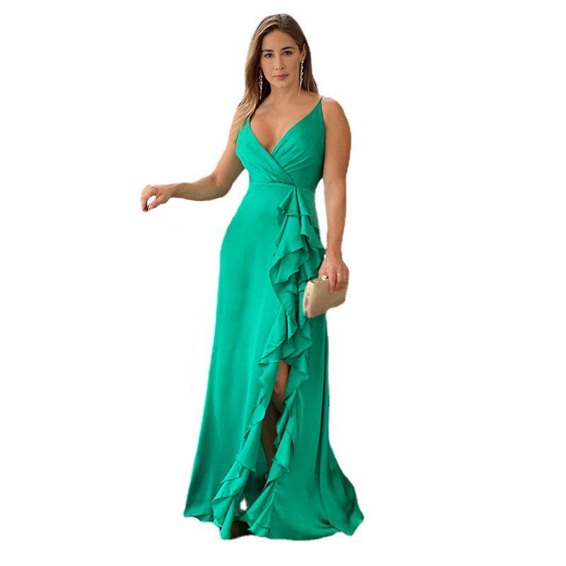 Women's Summer Brace High Waist Ruffles Irregular Slit Dresses