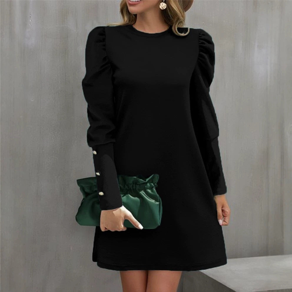Women's Solid Color Round Neck Slim Bubble Dress