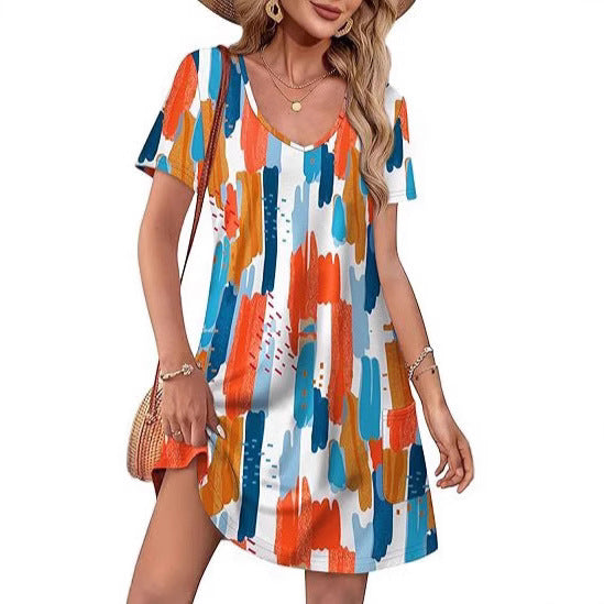 Women's Summer Sleeve Printed Pocket Loose Casual Dress
