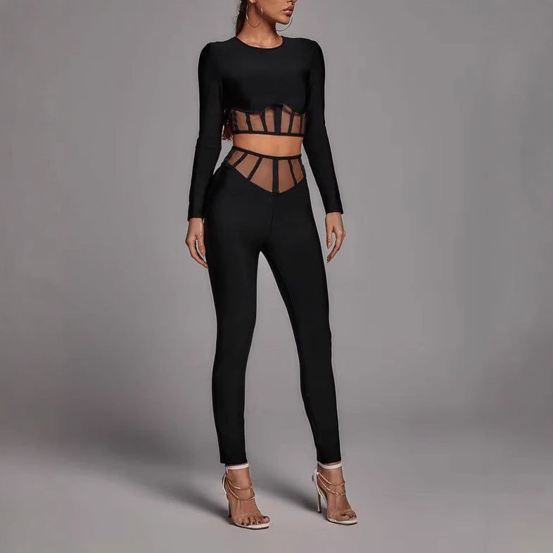 Black Long Sleeve Round Neck Two-piece Mesh Hollow Suits