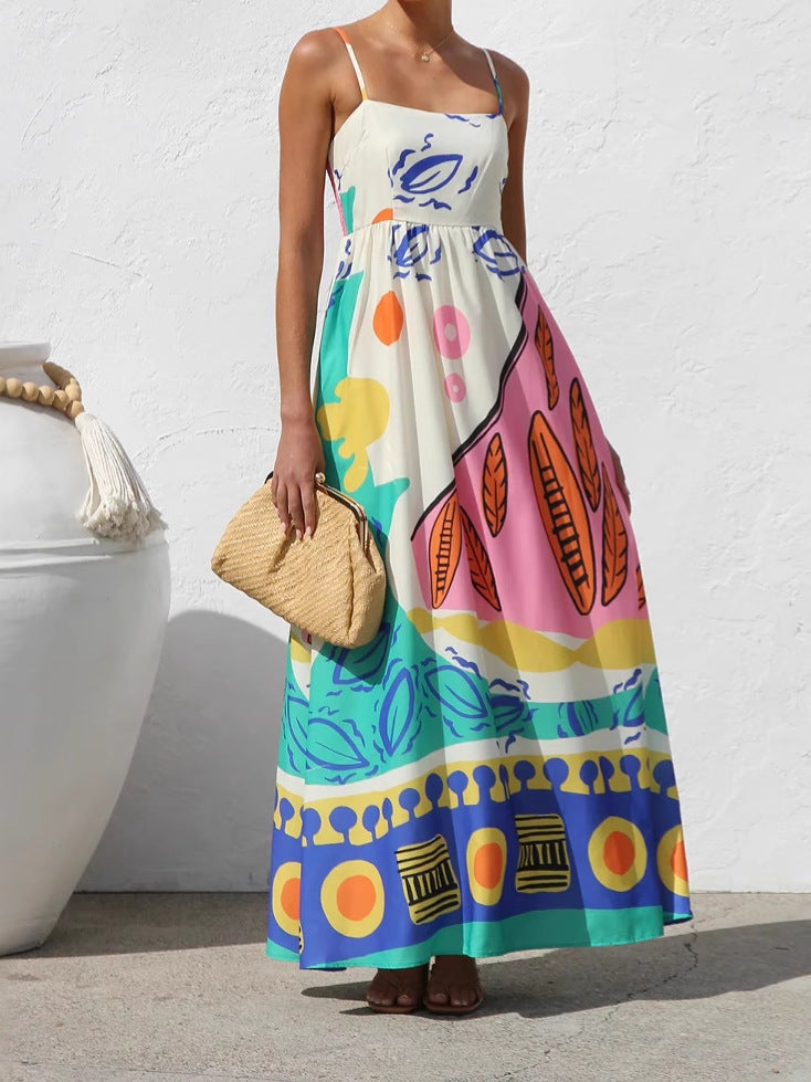 Summer Vacation Style Printing Slip Beach Dress