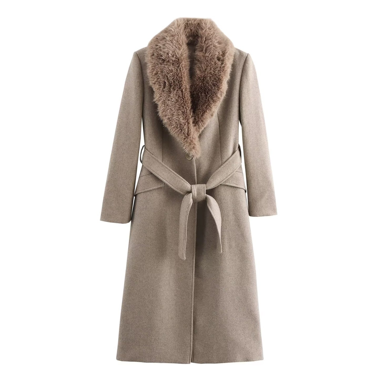 Women's Temperament With Belt Warm Fur Collar Coats