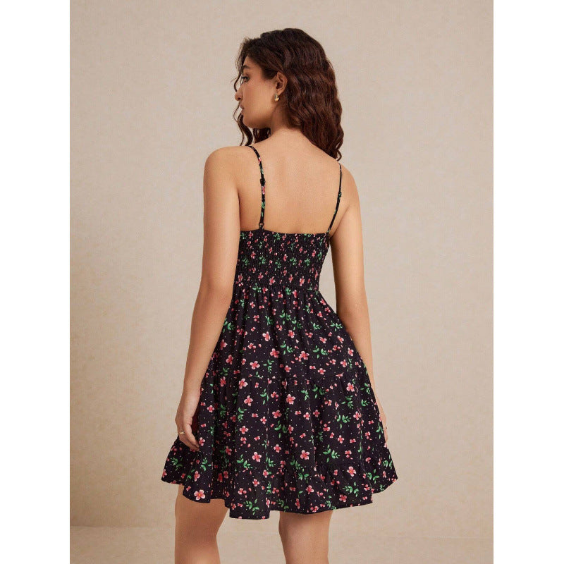 Unique Classy Elegant Floral Strap Smocking Dress