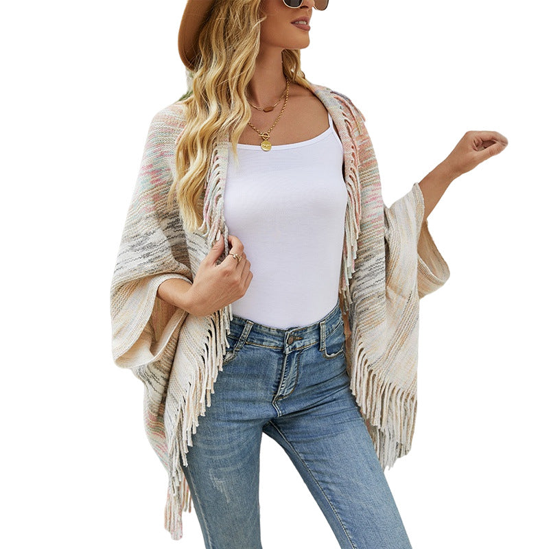 Women's Shawl Cape Tassel Hem Color For Sweaters