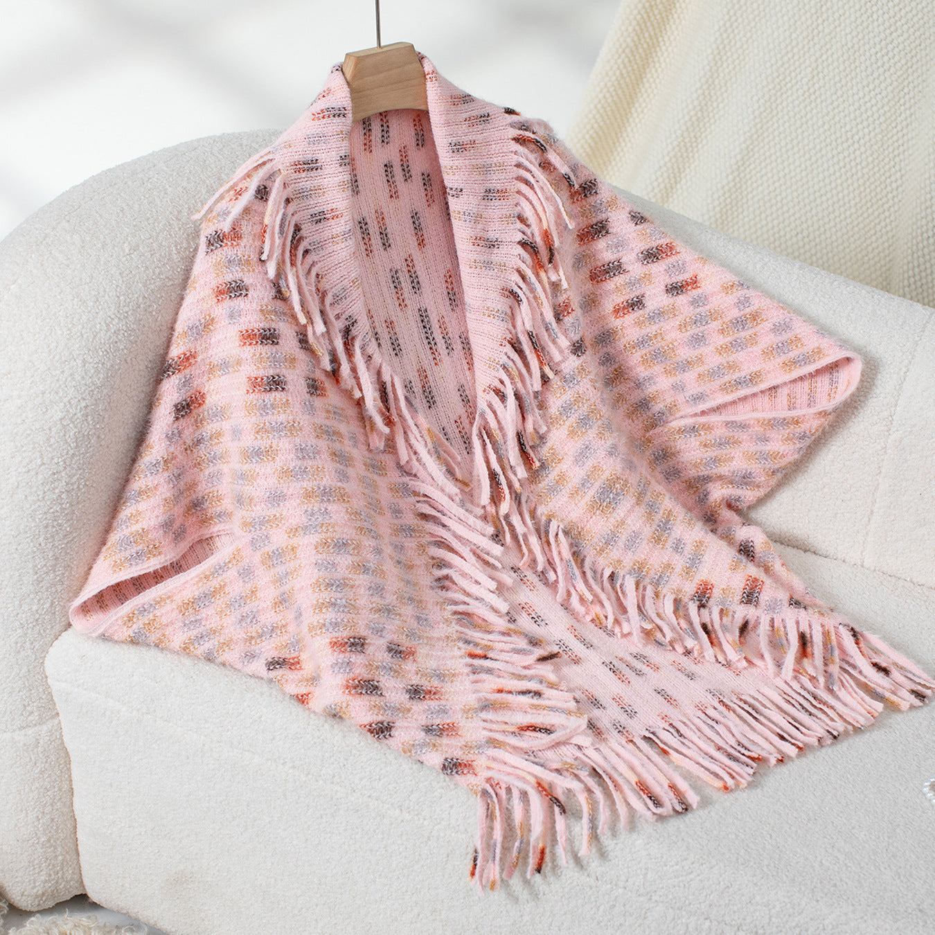 Women's Colored Plaid Knitted Tassel Shawl Casual Loose Women's Sweater