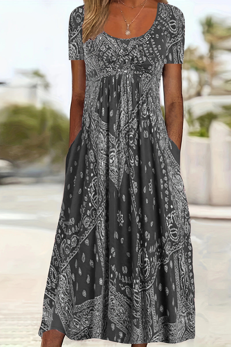 Round Neck Vintage Printed Comfort Casual Style Dress