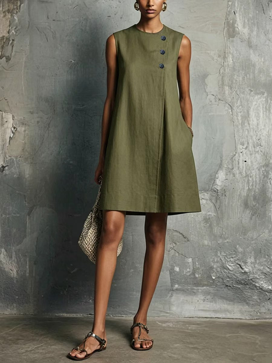 Women's Blended Round Neck Asymmetric Button Side Dress